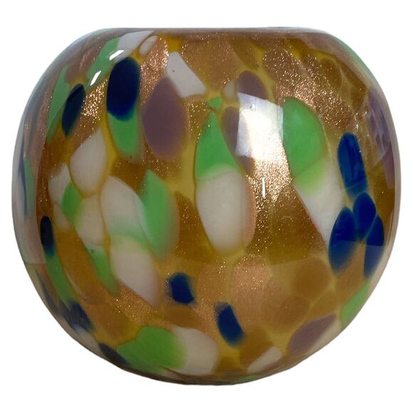 Murano Hand Blown Art Glass Vase 6.25x7" Gold Cased Round Globe Italy - Picture 5 of 8